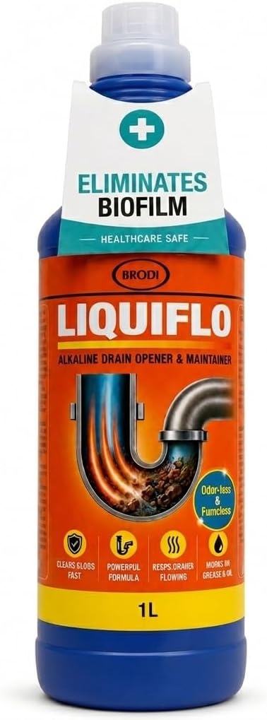 Liquiflo Commercial Drain Opener & Cleaner, Eliminates BioFilm & Odor, Fumeless & Odor-Free, Declogs Hair, Grease & Organic Buildup, Alkaline Based Safe for All Piping