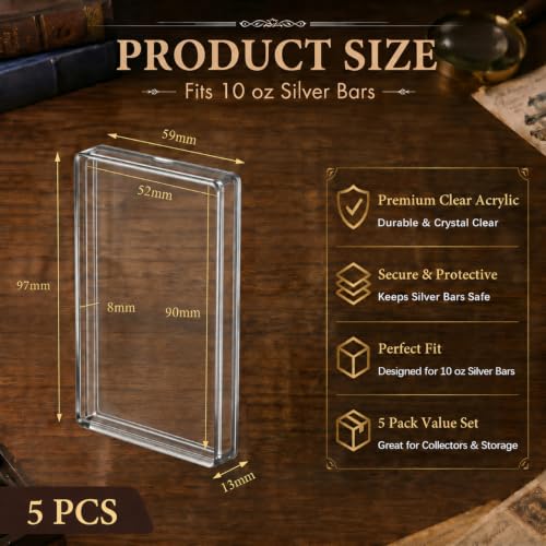 Image of Geiserailie 5 Pcs 10 oz Silver Bar Holder Case, Clear Acrylic Silver and Gold Bar Holder Capsule Storage Container Box for 10 Ounce