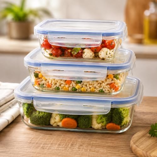 Kit 3 Potes Herméticos de Vidro 380ml 630ml 1000ml — Tampa 4 Travas e Vedação de Silicone, Empilháveis, Micro-ondas, Freezer e Lava-louças