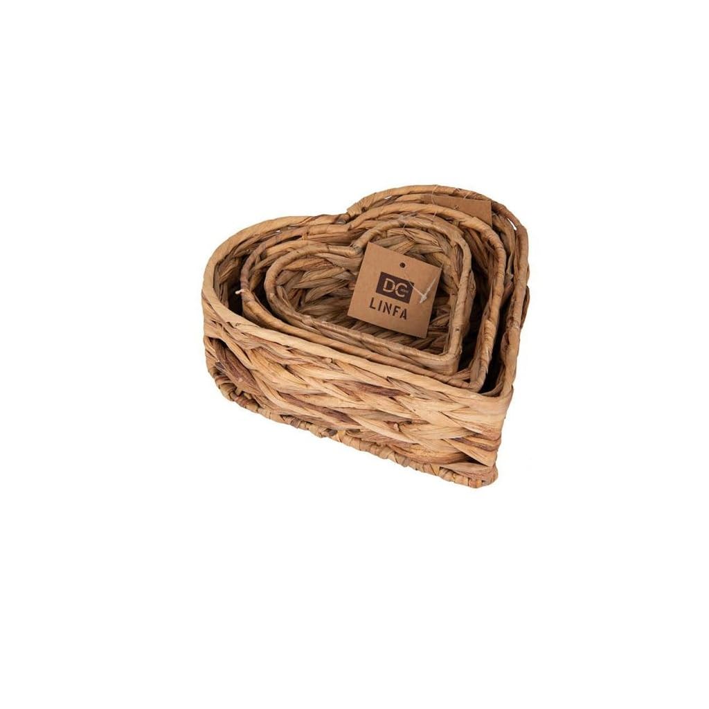 Set 3 Cesti Intrecciati Cuore – Ceste Portaoggetti in Fibra Naturale con Manici – Organizer Decorativi Multiuso per Casa, Bagno e Cameretta (16, 20,5, 25 cm)