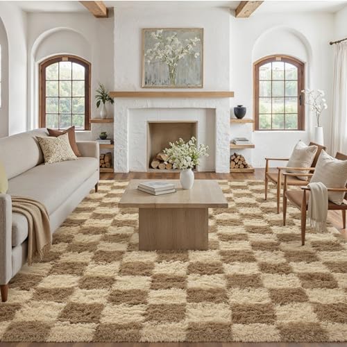 PureCozy Checkered Rug 8x10 for Living Room, Brown Modern Shag