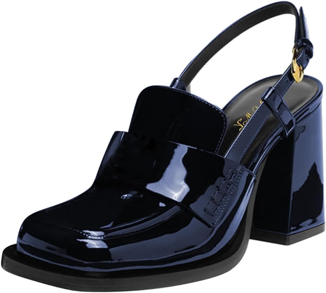 FOWT Women Platform Square Toe Loafers Chunky High Heel Slingback Pumps Slip on Daily Street Shoes Size 4-16 US