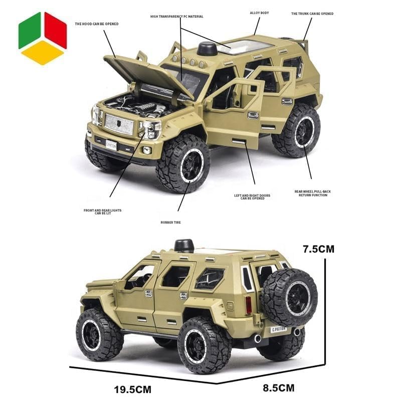 Image of 1:24 George Patton Off-Road Diecast Model Car Metal Pull-Back Vehicle with Sound Light & Opening Door Kids Toy Gift for Boys & Girls Fun Adventure Play (Green)