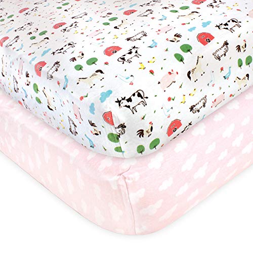 Image of Hudson Baby Unisex Baby Cotton Fitted Crib Sheet, Girl Farm Animals, One Size