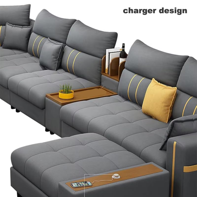 Image of Homax. Rebecca Modular Smart Sofa 12 Seater U Shape - High Back Interchangeable Sectional with Pop-Up USB Charging, Smart Console, Storage, Side Pockets, Modern Living Room Furniture - Dark Grey