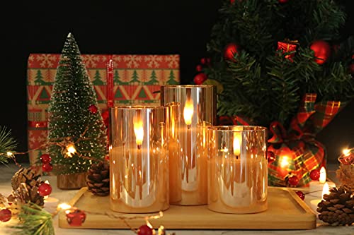 Image of GenSwin Glass Flameless Candles Battery Operated with Remote Timer, LED FLameless Flickering 3D Wick Pillar Candles Real Wax for Festival Wedding Christmas Home Party Decor(Gold, Pack of 3)