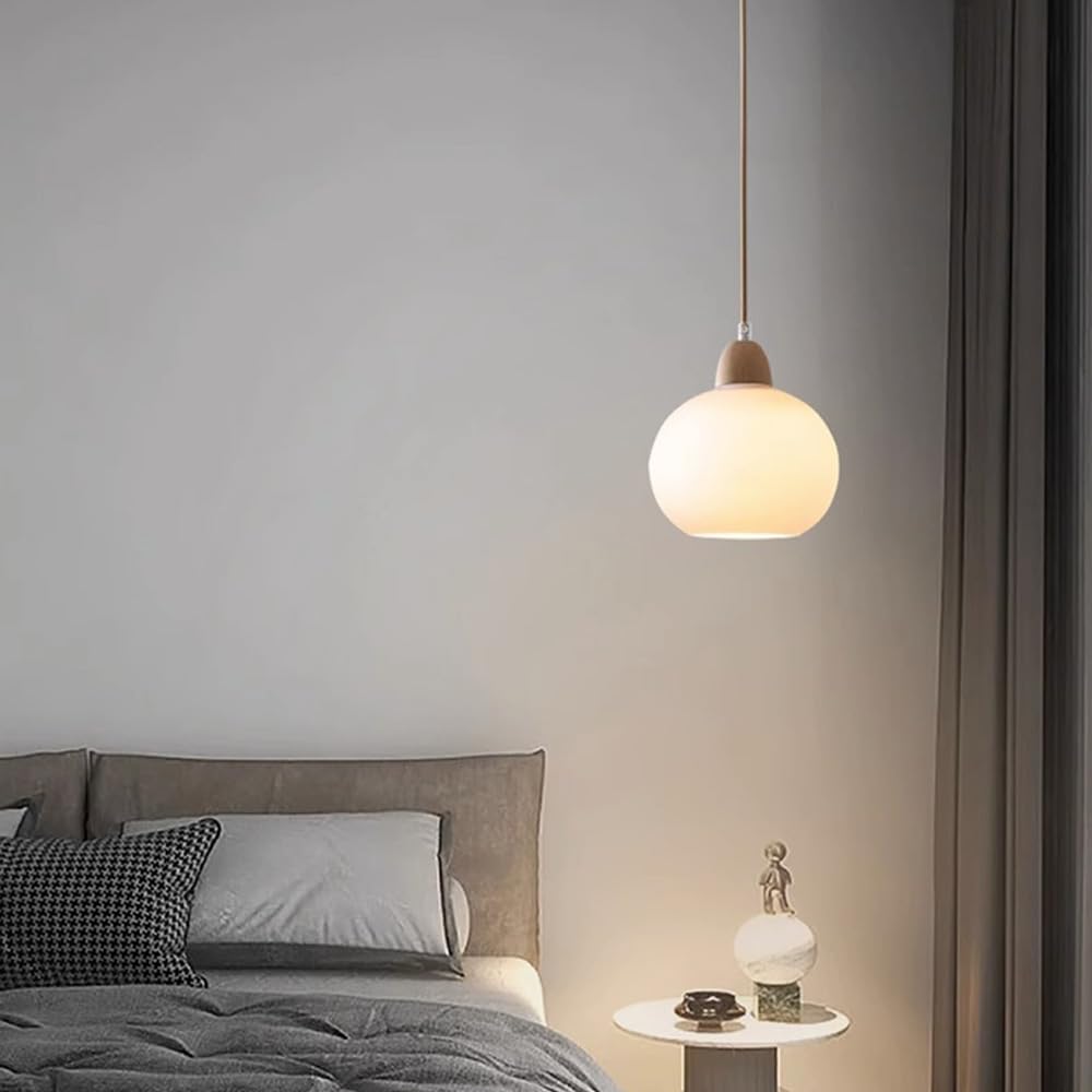 Nowoczesna lampa wisząca ze szkła opalowego w stylu nordyckim - mała lampa ścienna na wyspę kuchenną, jadalnię, sypialnię - elegancka drewniana oprawa sufitowa