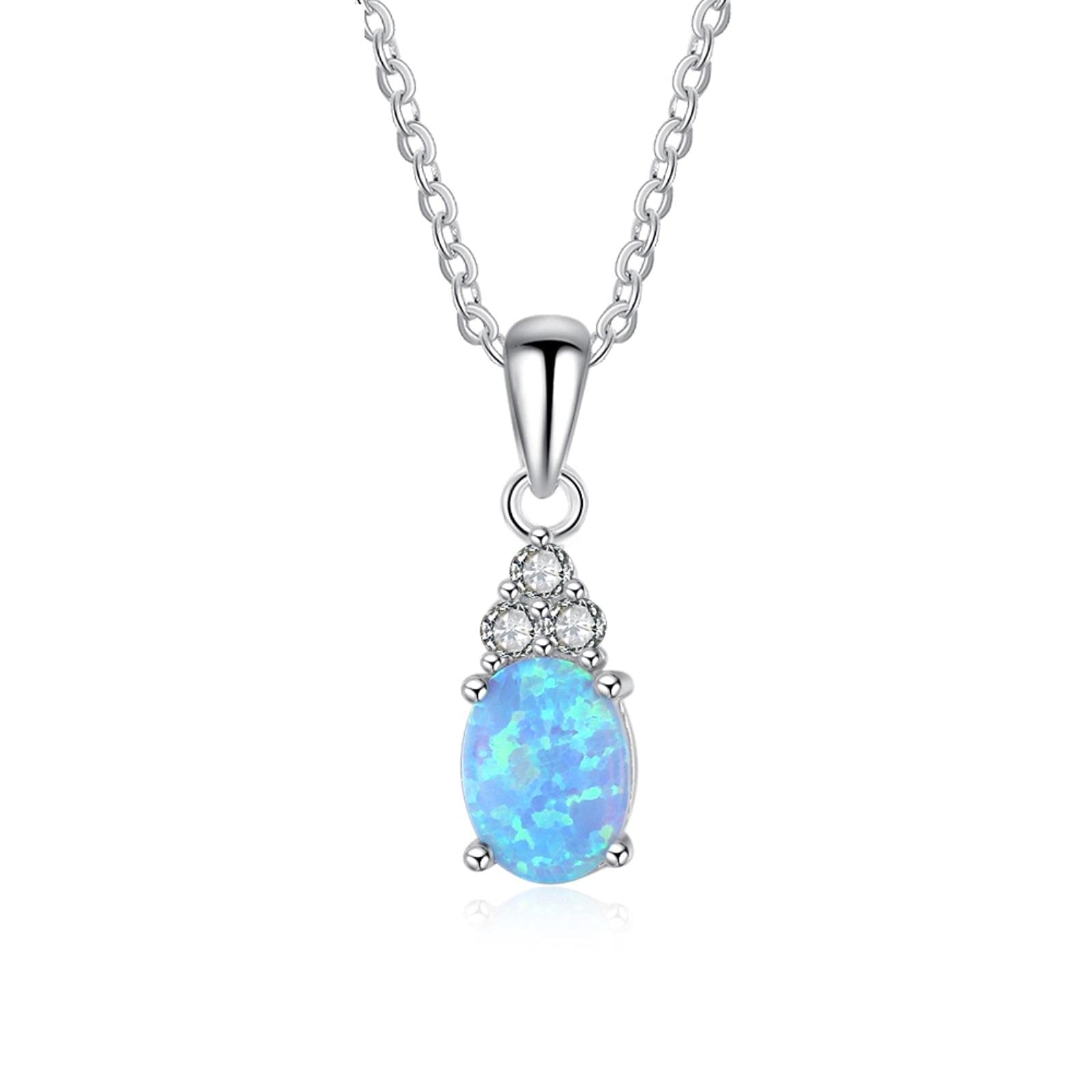 SALAN Collana In Argento Sterling 925 Con Ciondolo Opale Blu Ovale E Zirconi - Gioiello Regalo Per Donna, Misure 19x6mm