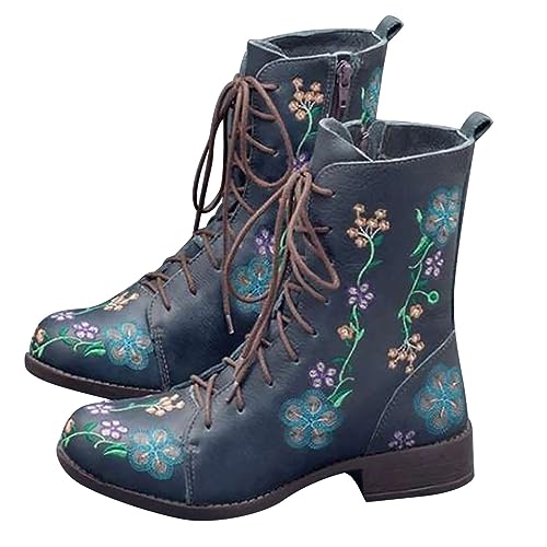 Boots for Women Printed Embroidery Boots Slipper Round Toe Chunky Heel Boots Outdoor Lace Up Mid Calf Boots