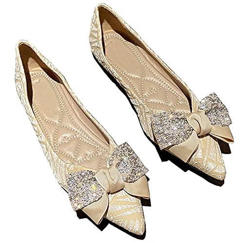 TN TANGNEST Women's Elegant Shiny Bowtie Pointy Toe Slip on Comfortable Dress Ballets Flats for Wedding Party