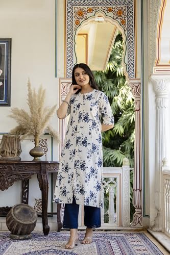 Image of Pistaa's Women Printed Mandarin A-Line Cotton Kurta With Palazzos