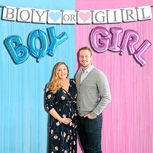 Image of 4 Pack Macaron Pink Blue Foil Fringe Curtain Backdrop, 3.28Ft x 8.2Ft Metallic Tinsel Foil Fringe Streamers for Photo Booth, Wedding Gender Reveal Backdrop Boy or Girl Birthday Party Decoration