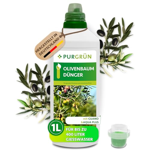 Purgrün® Olivenbaum-Dünger 1 Liter – Organisch-mineralische Rezeptur – Premium-Flüssigdünger mit Spurennährstoffen – NPK 8+8+6 – Für gesundes Wachstum & aromatische Oliven – Mit Guano & Aqua Plus
