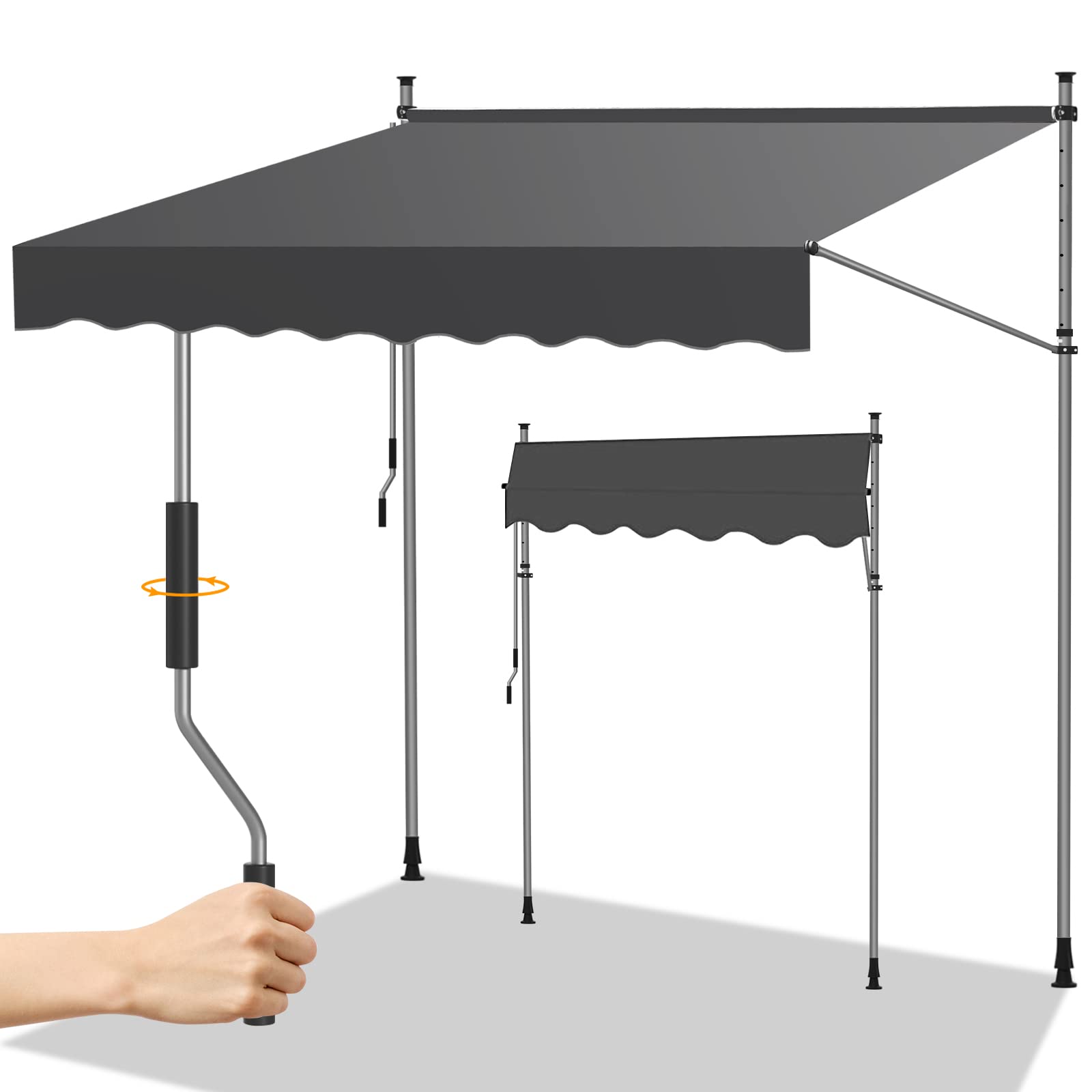 Randaco Roleta z korbą, 200 x 120 cm, regulowana, wysuwana, roleta bez otworów, odporna na promieniowanie UV, z regulacją wysokości, do balkonu, ogrodu, tarasu, patio, szarej