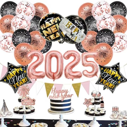 New Years Eve Party Supplies 2025 Set of 42, Happy New Year Decorations 2025 Balloons 12 Inch/18 Inch, Happy New Year Banner, 12 Inch Confetti Balloons, Cupcake Topper, New Years Decorations 2025