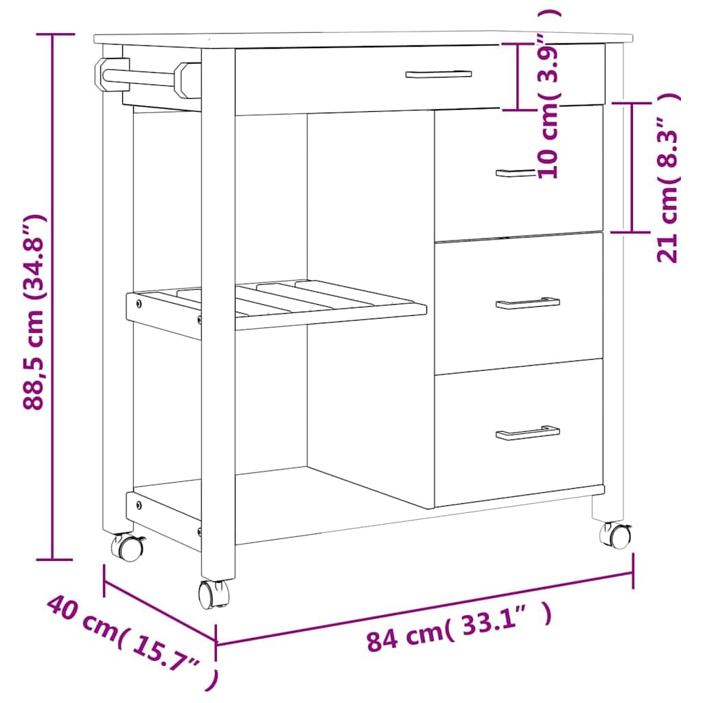 vidaXL Carrito de Cocina, Carro Organizador con Cajones Estantes, Carrito de Servicio Comida, Carro para Salón Baño Estudio, Madera Maciza de Pino