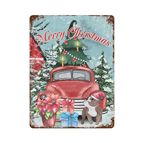 Wodevor Decorative Merry Christmas Dog Red Truck Metal Sign Personalized Metal Signs For Outdoors Merry Christmas Tin Metal Sign Hanging Wall Plaque Kitchen 12"X16" #TOP18