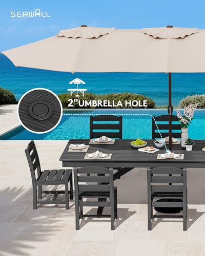 Image of SERWALL 9 Piece 84 inch HDPE Outdoor Dining Set for 8 with Armless Chairs and Umbrelle Hole, Black