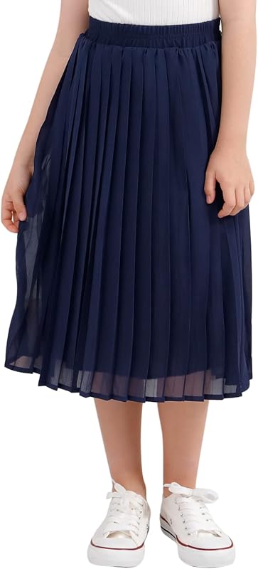 GORLYA Girls Chiffon Pleated Midi Skirt 4-14Y | 360°twirl-friendly pleats,chiffon outer + stretch lining,elastic high waist,ideal for school,church,and dance recitals.