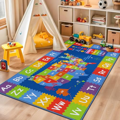 BEQHUASE Kids Rugs, 32"x60" ABC Play Mats Educational Learning Carpet, Non Slip Washable Nursery Rug Alphabet Floor Mat for Kids Room, Toddler Classroom and Baby Playroom ABC Map 32"x60"