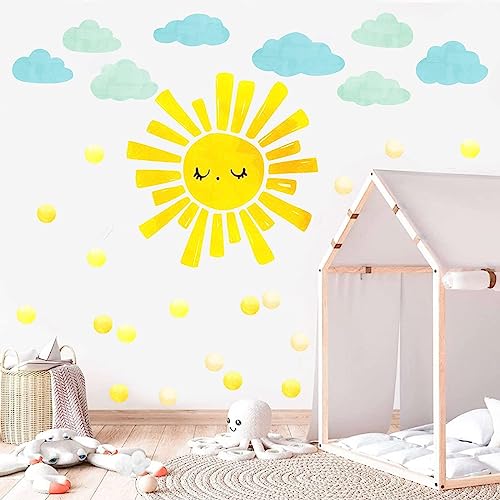 Large Sunshine Wall Stickers Watercolor Sun Cloud Wall Decals Boho Sunlight Wall Stickers Yellow Sun Polka Dot Wall Decals Peel and Stick Big Sunshine Stickers for Nursery Bedroom Kids Room Decor