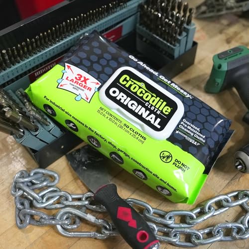 Image of Crocodile Cloth Original Cleaning Wipes, Heavy-Duty Multi-Surface Hand & Tool Wipes, Water-Based, Safe on Skin, 50 Count, 15 x 10 Inch