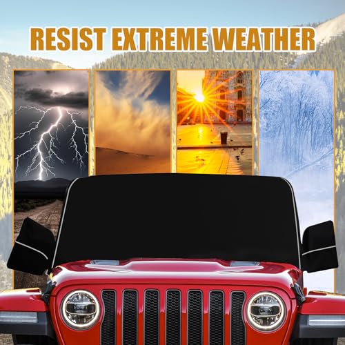 Image of MAIKER Winter Windshield Cover for Snow & Frost, 600D Oxford Fabric with Mirror Covers & Reflective Strips, Compatible with Jeep Wrangler JL JLU Gladiator JT 2018-2024