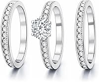 FAIRYCOUPLE 3-Piece Women's Bridal Ring Set: 18K White Gold Plated CZ Floral Solitaire Engagement Ring & Matching Bands R366