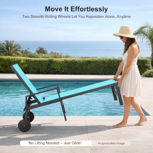 Image of PURPLE LEAF Patio Chaise Lounge with Wheels & Armrests, Turquoise Blue