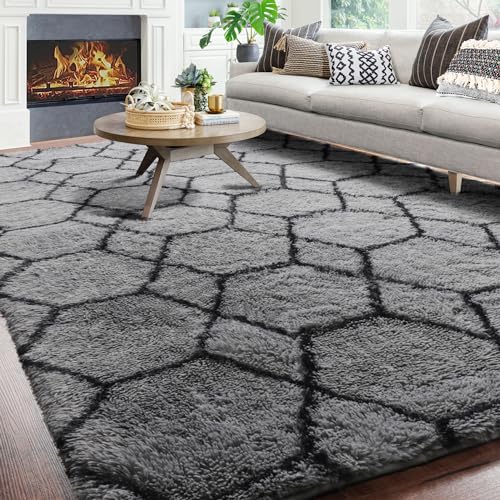 ONASAR Large Modern Area Rug for Living Room Bedroom, 6×9 Floor Rug, Grey and Black Rug, Moroccan Geometric Shag Rug for Office, Playroom, Kids Room, Fluffy Plush Fuzzy Rug, Big Throw Carpet