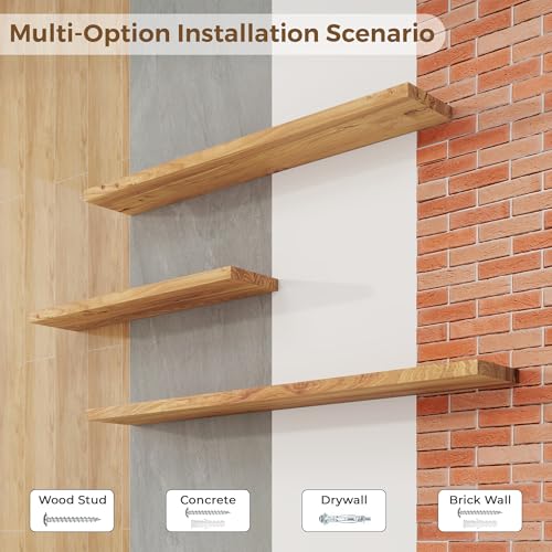 Image of Floating Shelves for Wall, 24in Reclaimed Elm Wood Shelves, Natural, 2PCs | 8in Deepth Rustic Solid Elm Wood Shelves for Storage, Wall Display Shelving, Invisible Metal Bracket