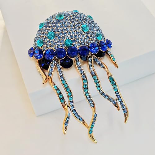 Image of Sparkles Big Blue Crystal Rhinestone Jellyfish Brooch Ocean Animal Jewelry