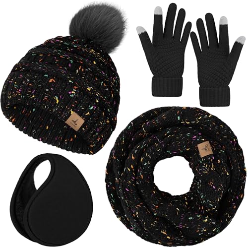 LOROME 4 PCS Winter Set for Women: Confetti Black Knit Beanie, Infinity Scarf, Gloves & Ear Warmer Review