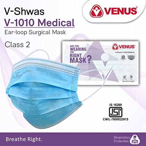Image of VENUS - V-1010-3 Ply Surgical Face Mask - ISI Certified, Disposable, Anti-Pollution & Bacterial Filtration for Medical, Hospital & Daily Use - Blue - Pack of 50
