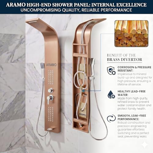 Image of ARAMO Shower Panel - Wave with Waterfall Shower, Massage Jet, 5 Water Functions (Rose Gold)