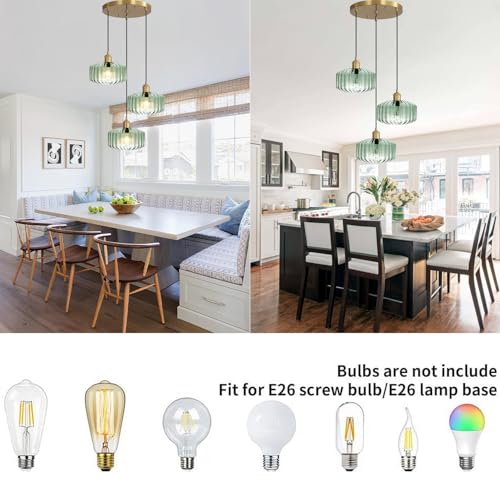 Image of Vintage Farmhouse Mint Green Ribbed Glass Pendant Light, Gold 3-Light Hanging Lamp for Kitchen Island Dining Room Breakfast Nook Pantry