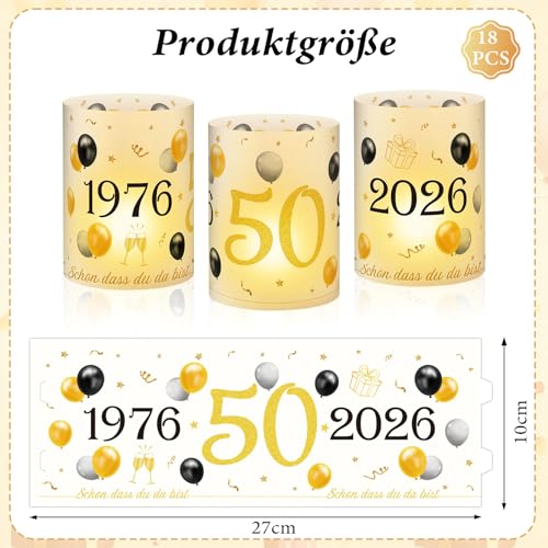 Anruzon 18Pcs Windlichter Tischdeko 50. Geburtstag - Deko 50. Geburtstag Männer und Frauen - Schwarz Gold Happy Birthday Tischdeko für Teelichter oder Kerzen