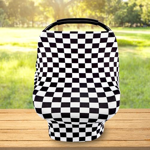 Image of TANOFAR Car Seat Cover for Baby, Multi-Use Cover Carseat Canopy, High Stretchy & Breathable Infant Carseat Cover, Shower Gifts for Unisex Boys and Girls (Black Checkered)