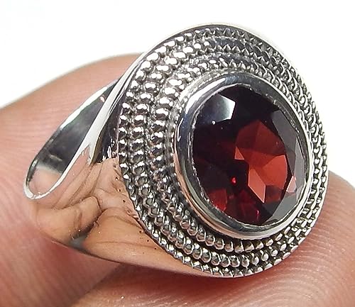 Image of 925 Sterling Silver Gemstone Ring Garnet Oval Faceted Ring Jewelry Vintage Silver Ring Statement Ring Beautiful Ring Gift For Her Designer Ring