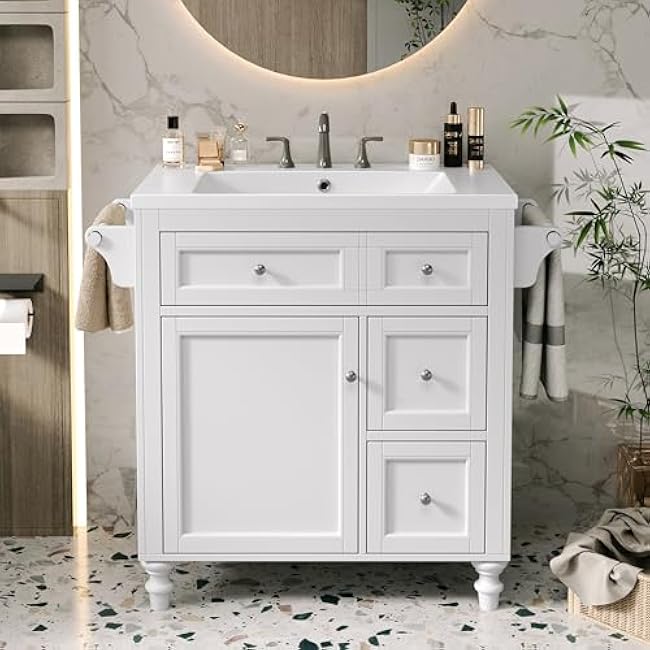 Bathroom Vanity Set, 36 Bathroom Vanity with Resin Sink Combo, Solid Wood Frame Bathroom Storage Cabinet with 5 Drawers & Soft Closing Doors, MDF Boards, Gold Metal Knobs