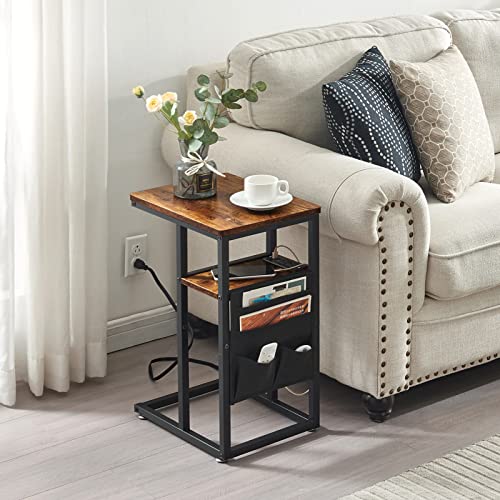 SUPERJARE-C-Table-with-Charging-Station-Small-Side-Table-C-Shaped-End-Tablewith-Fabric-Bag-for-Small-Spaces-Living-Room-Bedroom-Rustic-Brown