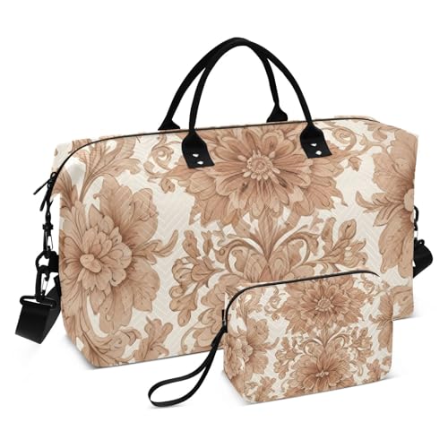 Travel Duffel Bags for Unisex-Adult, Personal Item Travel Duffel Bag with Shoes Compartment, Carry On Bag for Women, Travel, Gym, Weekend,Pattern Brown Lace
