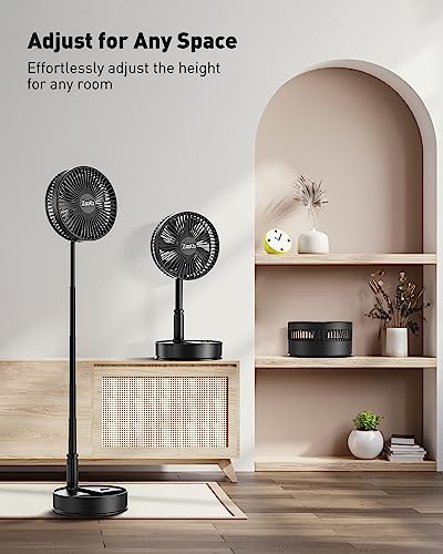 7200Mah Battery Powered Oscillating Fan, 8" Rechargeable Foldaway Fan, 12H Working Time, Height Adjustment, 4 Speeds, Remote Control, Portable Standing Fan For Rv, Travel, Camping, Desk, Home, Outdoor #TOP6
