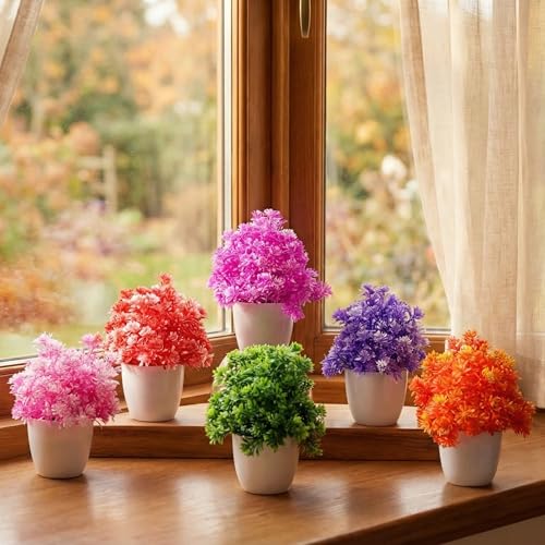 Image of Dekorly Vibrant Colors Artificial Flower Potted Plants for Decoration Purposes (Multicolour, Set of 6 Pieces)