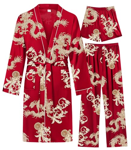 Image of SWOMOG Mens 3 PCS Satin Robe with Pants & Shorts Set Kimono Bathrobe Long Sleeve Sleepwear Pjs Sets with Pockets