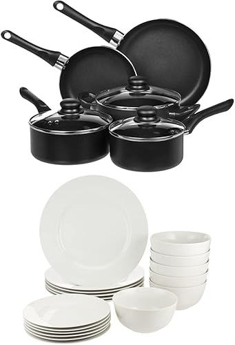 Tienda Basics Juego de vajilla de 18 piezas, platos, cuencos, servicio para 6, juego de utensilios de cocina blancos y antiadherentes, ollas y