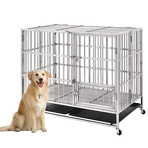 puppykitty Heavy Duty Stainless Steel Dog Cage Crate Kennel for Large Dogs with Two Plastic Tray Double Doors & Locks Design 4 casters (49