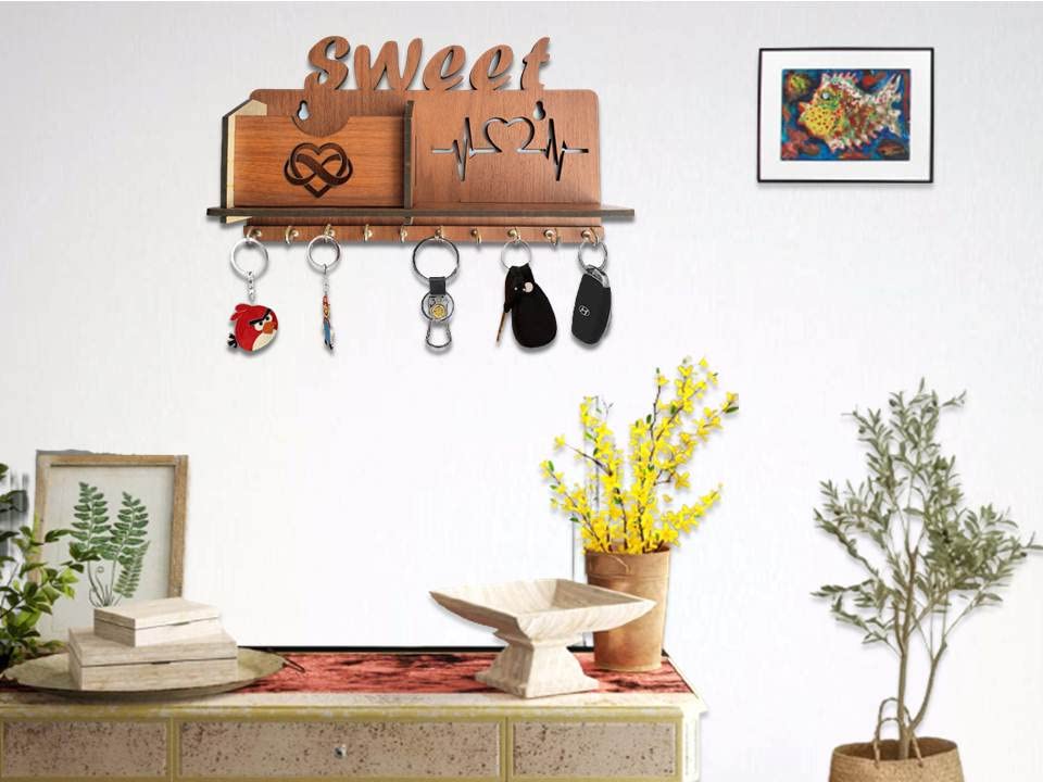 Image of Sweet Heart Beat Key Holder Wooden Side Shelf Key Holder for Home and Kitchen Matte Finish Mobile Charger Stand Key Organizer for Decor Office, Living Room, Hall Great Gift Item