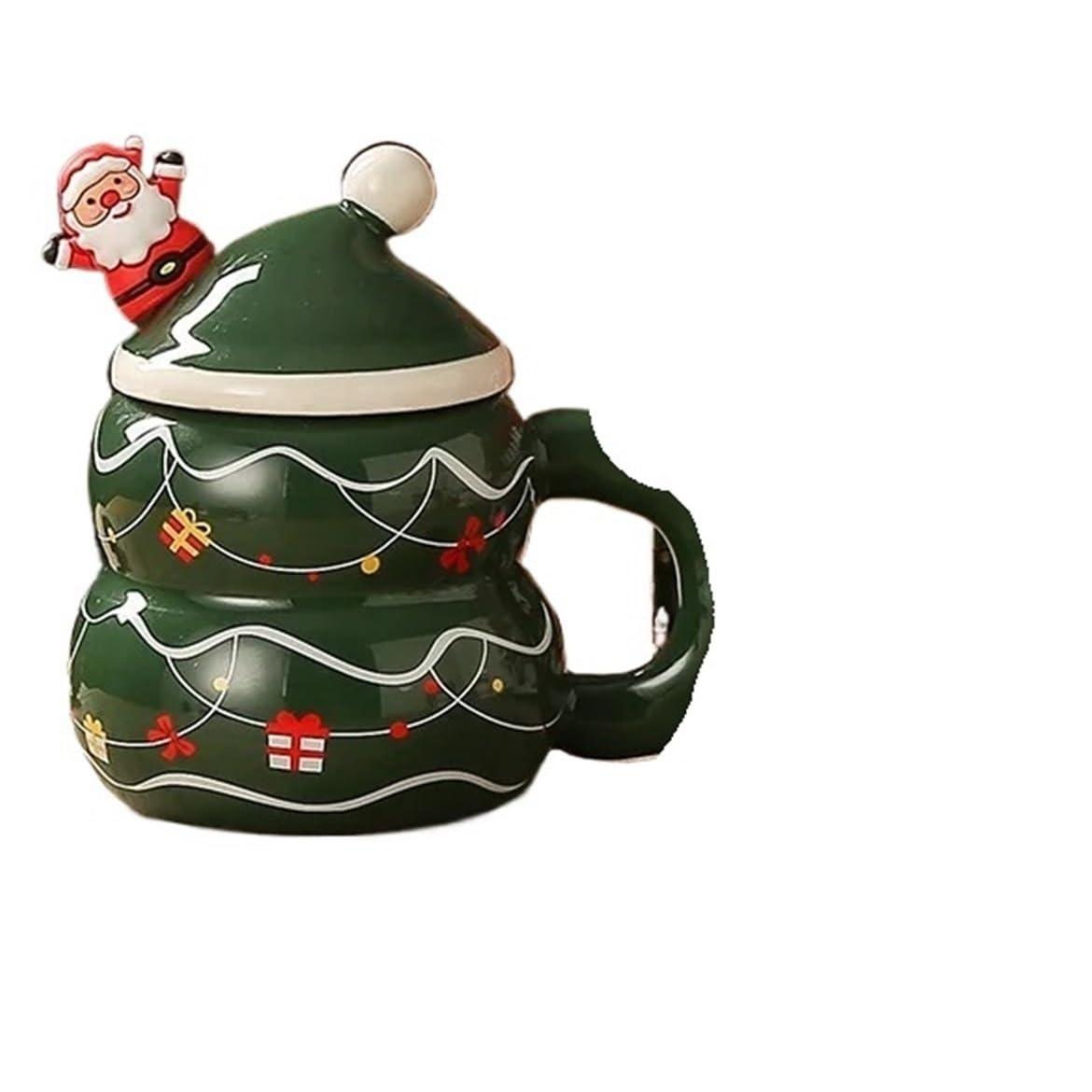 400ML Keramik Becher Weihnachten Schneemann Weihnachten Tasse Mit Deckel Griff Paar Milch Kaffee Tasse for Zuhause für Kaffee(Green02)