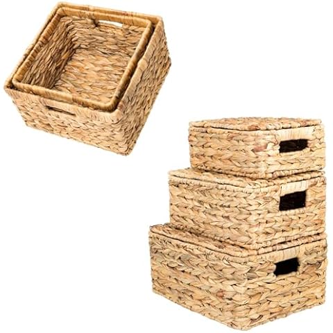 OEHID Wicker Storage Baskets for Organizing, 3 Pack Wicker Storage Baskets with Lid + 2 Pack Rectangular Wicker Baskets for Storage Shelves Cover